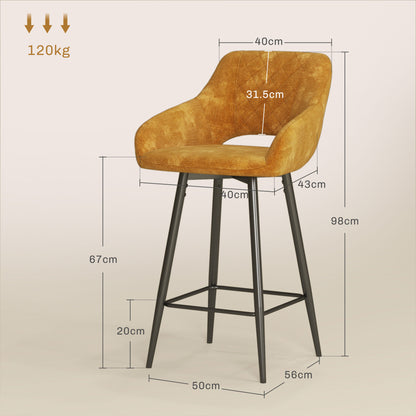 Bar Stools Set of 2, Velvet-Touch Fabric Counter Height Bar Chairs Brown