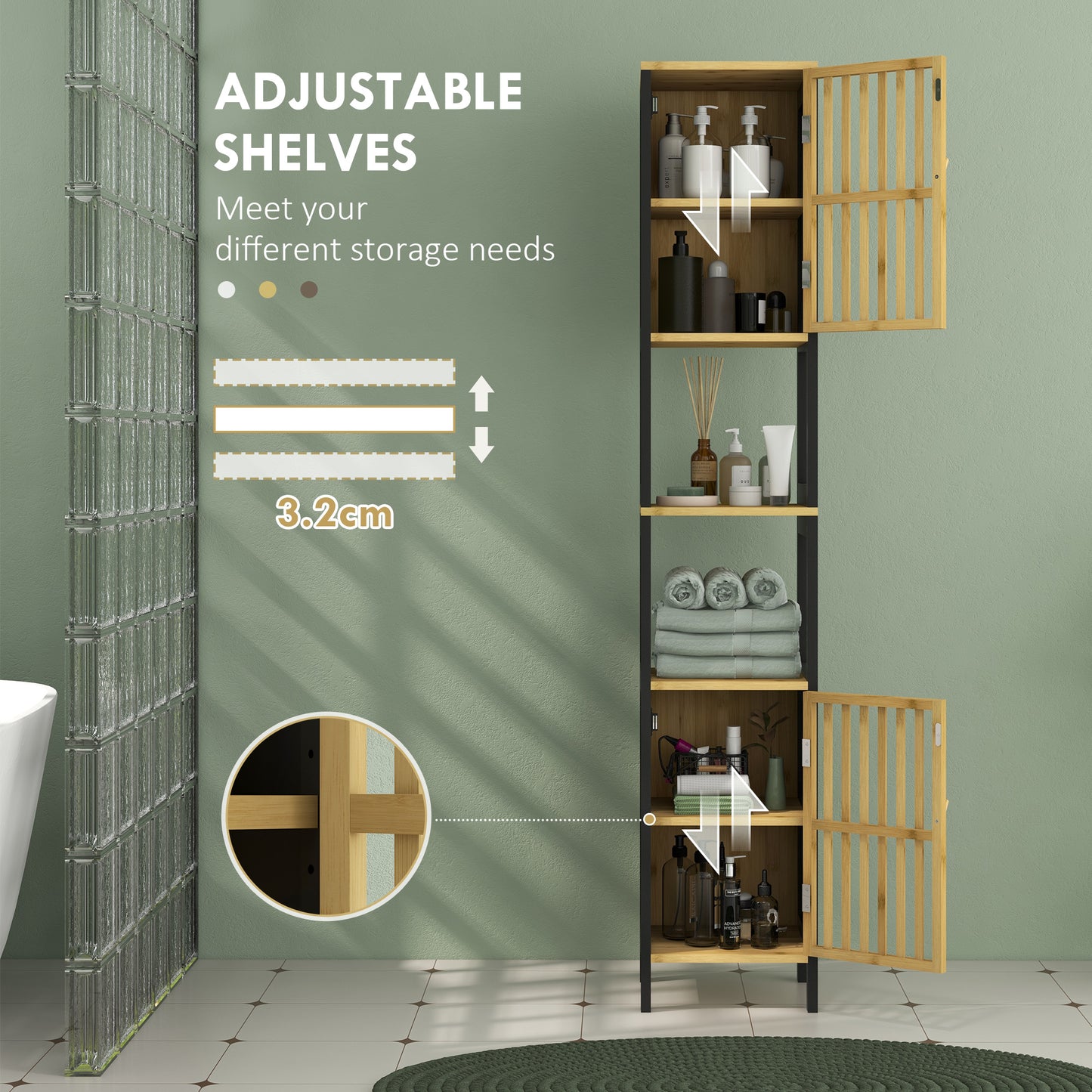 Tall Bathroom Cabinet Bamboo Bathroom Cupboard with Adjustable Shelves