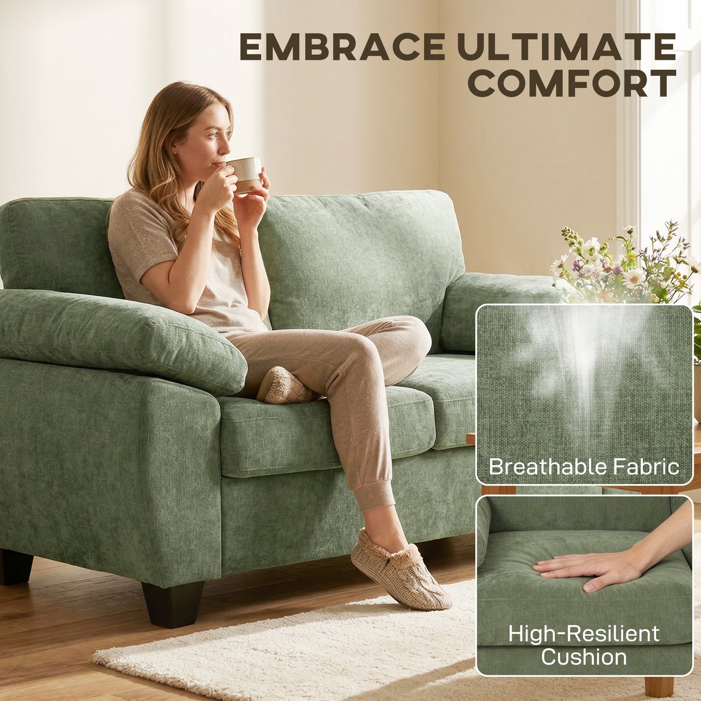 2 Seater Sofa, Chenille Small Sofa with Spring Cushions, Dark Green