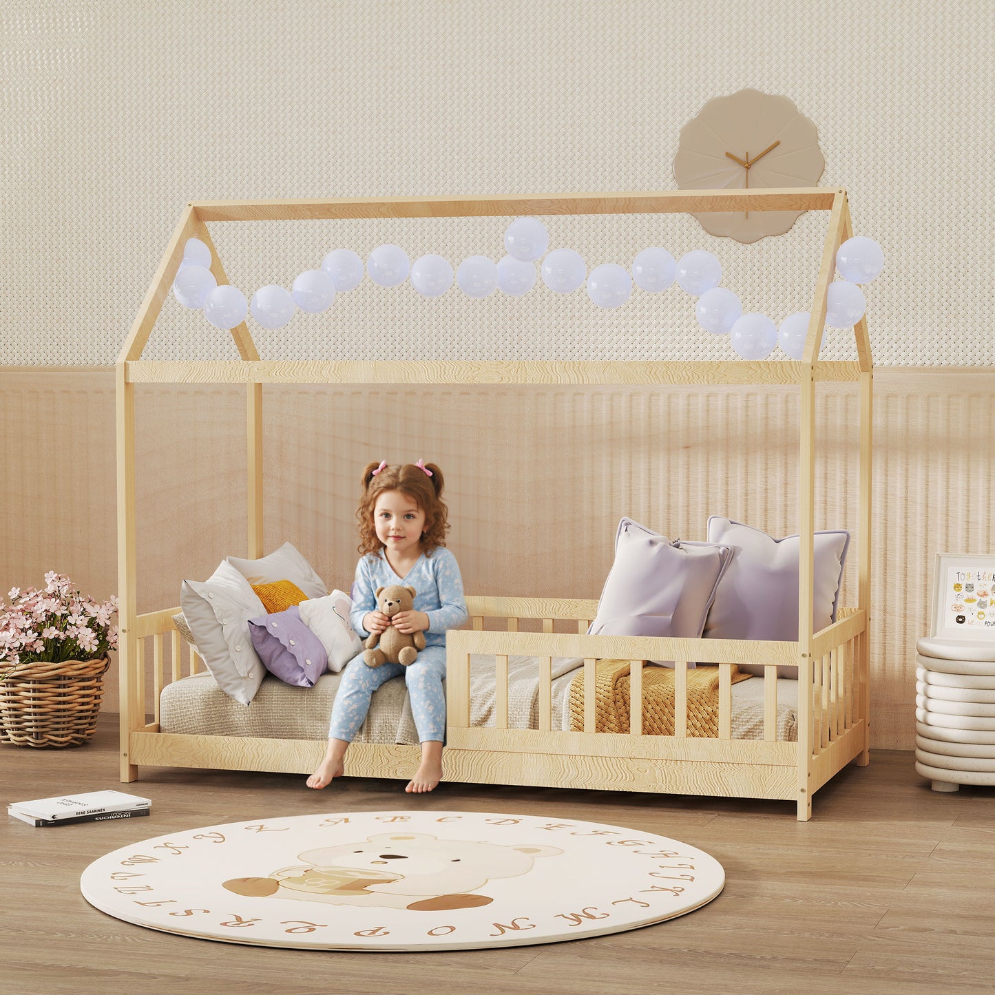 House-Shaped Kids Bed Frame Solid Pine Wood with Guard Rails, Natural