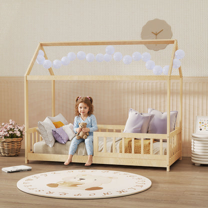 House-Shaped Kids Bed Frame Solid Pine Wood with Guard Rails, Natural