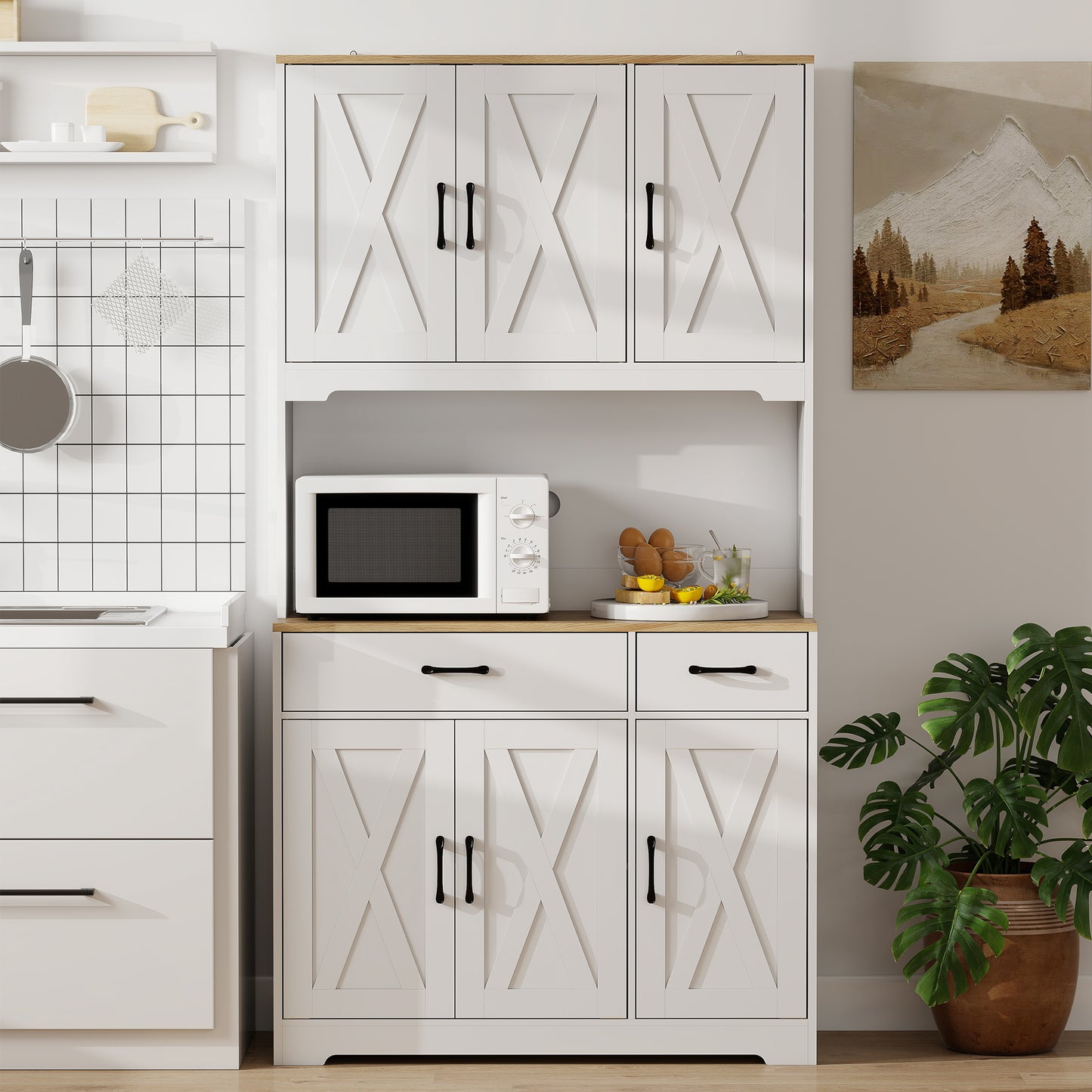 175cm Tall Kitchen Pantry, Kitchen Cabinet w/ Drawers, Shelves, White