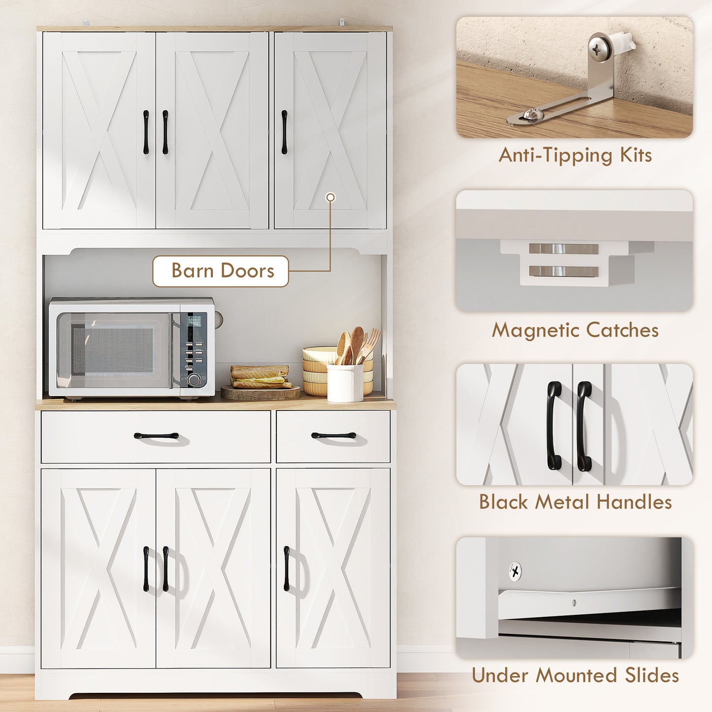175cm Tall Kitchen Pantry, Kitchen Cabinet w/ Drawers, Shelves, White