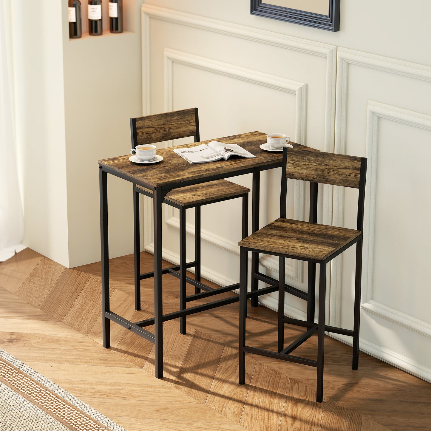 Bar Table and Stools Set, Kitchen Table and 2 Chairs with Backrest, Footrest