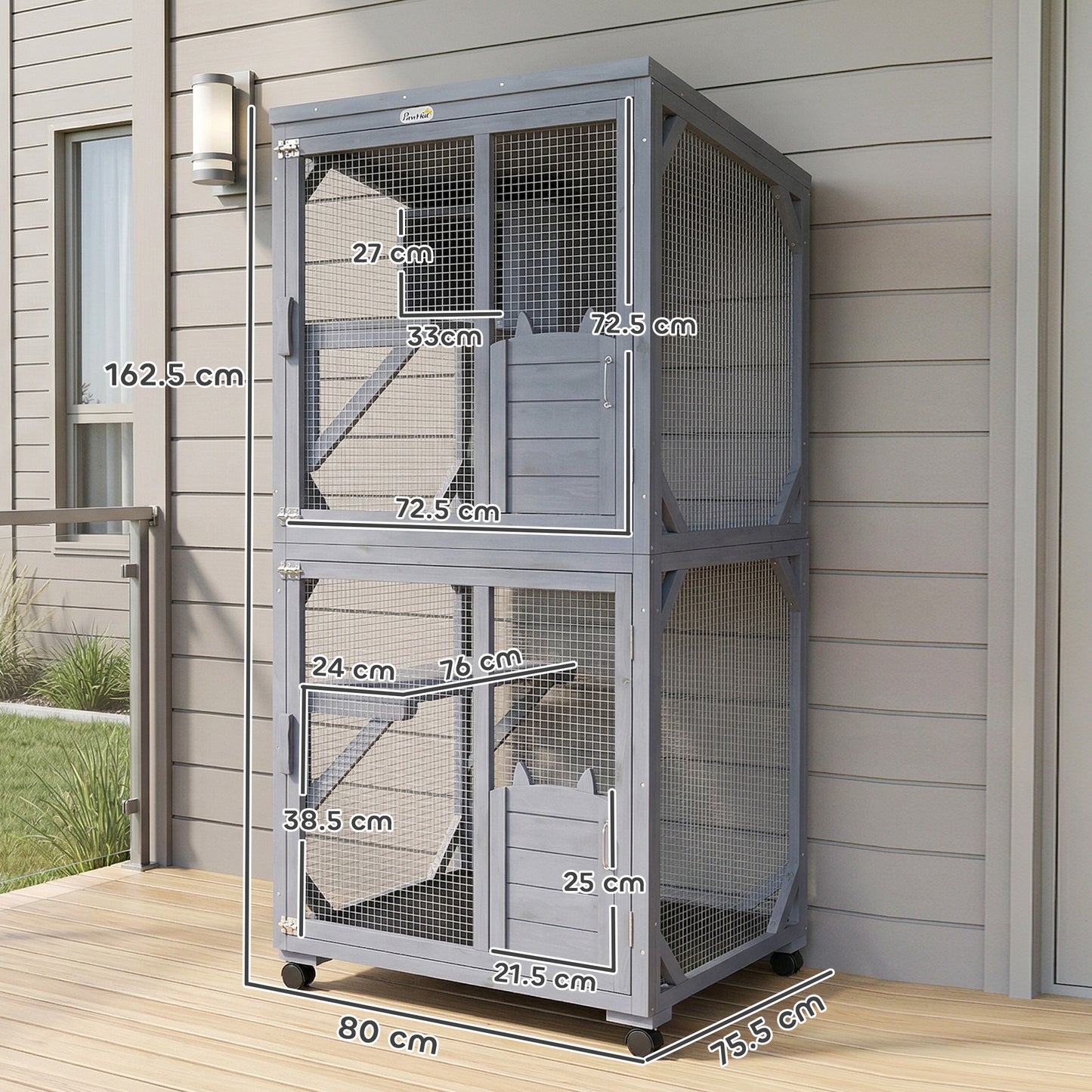 Outdoor Catio Cat House, Movable Wooden Cat Enclosure on Exercise Wheels with Resting Box, 3  Platforms, Large Kitty Cage with Waterproof Asphalt Roof for Outdoor Indoor, for 2 Kittens