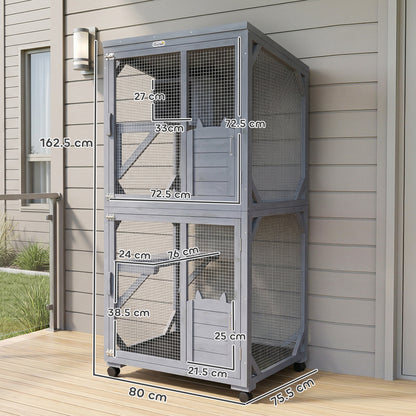 Outdoor Catio Cat House, Movable Wooden Cat Enclosure on Exercise Wheels with Resting Box, 3  Platforms, Large Kitty Cage with Waterproof Asphalt Roof for Outdoor Indoor, for 2 Kittens