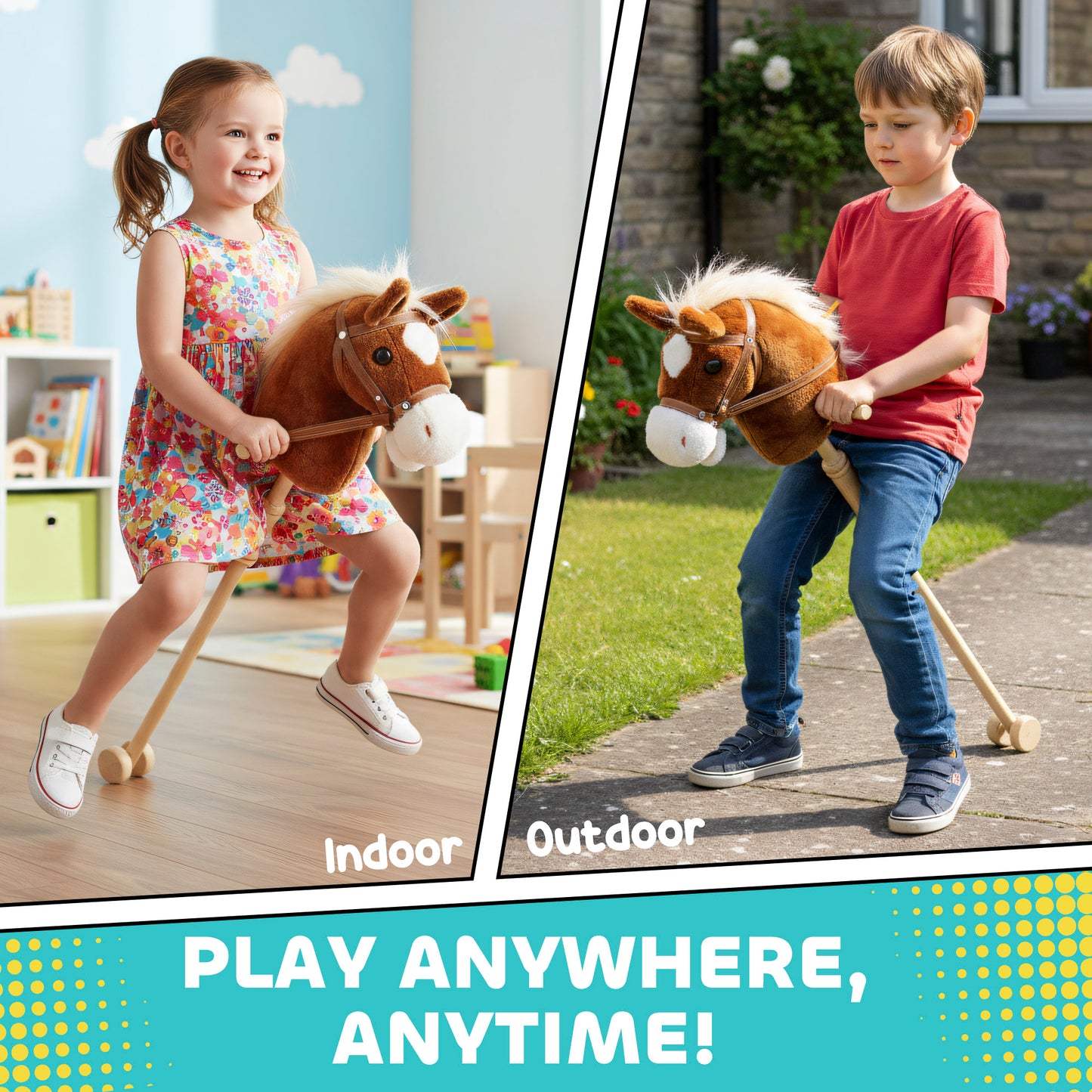 Stick Horse with Wood Wheels, Pony Neighing and Galloping Sounds
