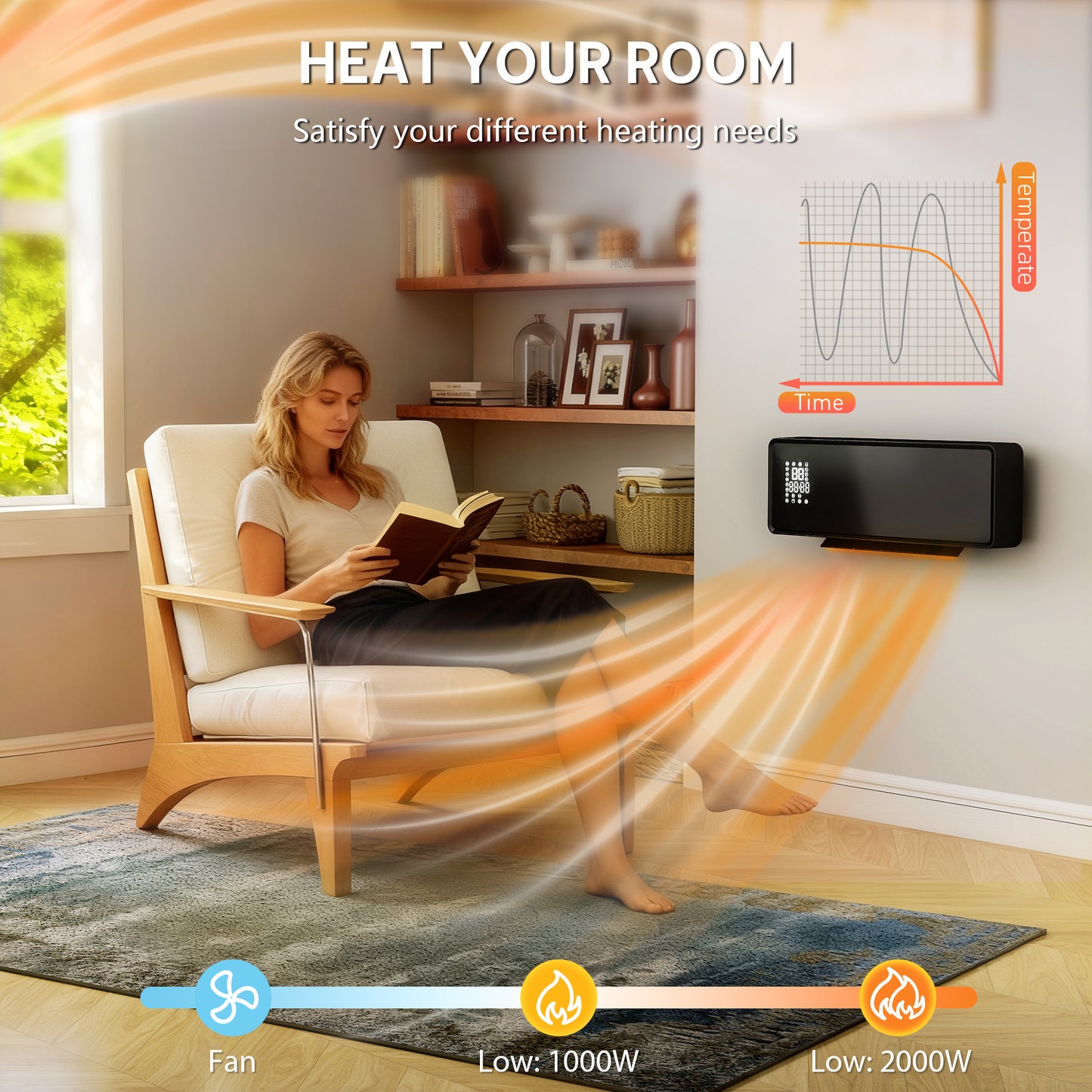 2000W Ceramic Electric Heater with Fan, Wall Mounted, Black