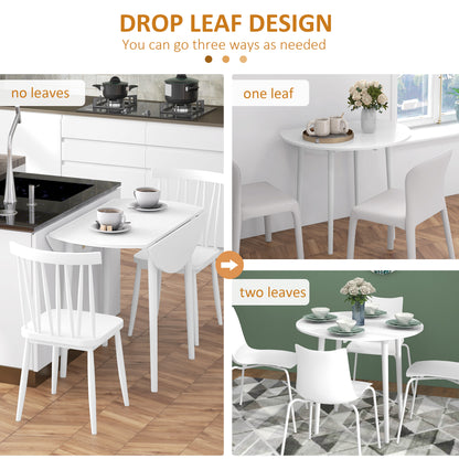 Foldable Dining Table, Round Drop Leaf Table, Wood Legs, White
