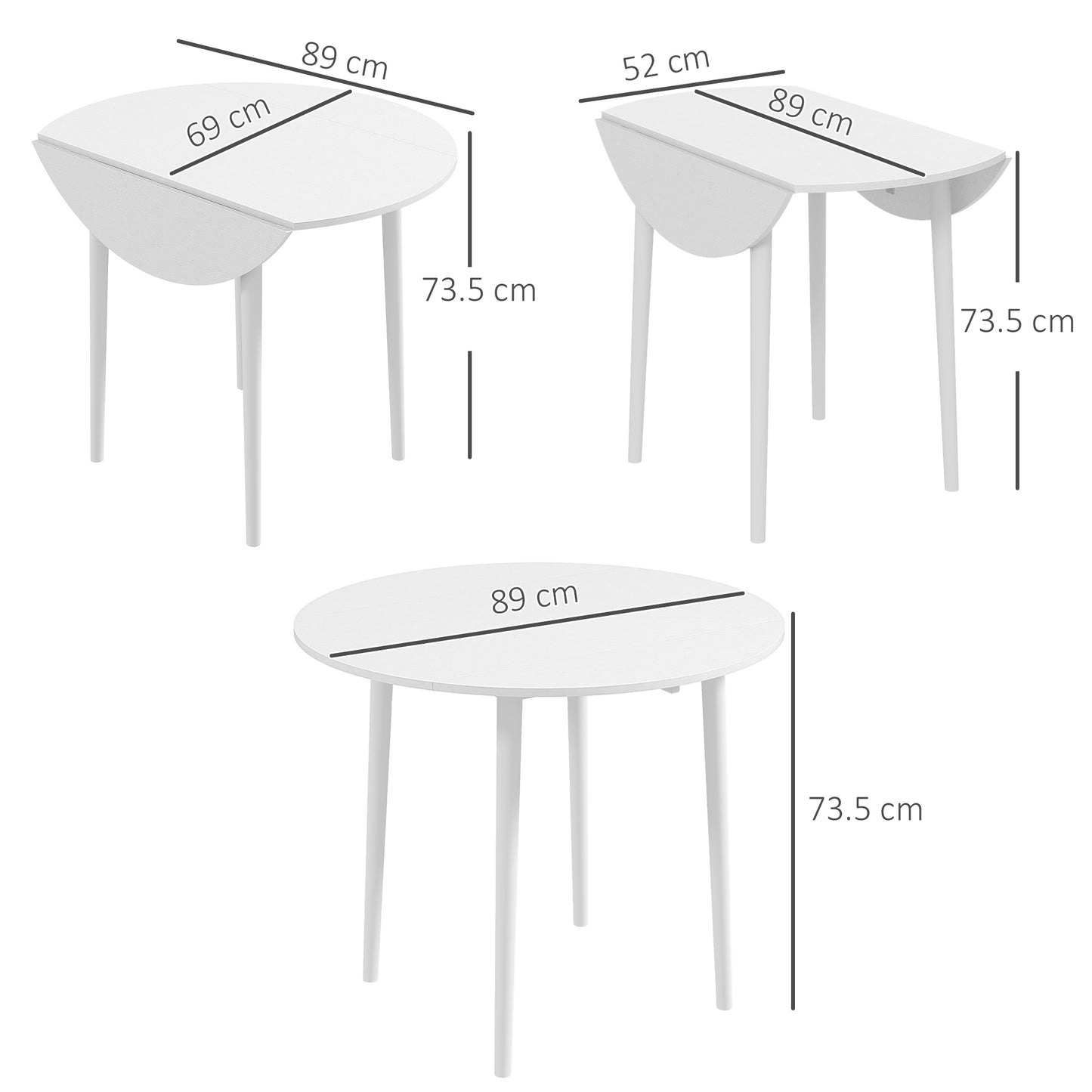 Foldable Dining Table, Round Drop Leaf Table, Wood Legs, White