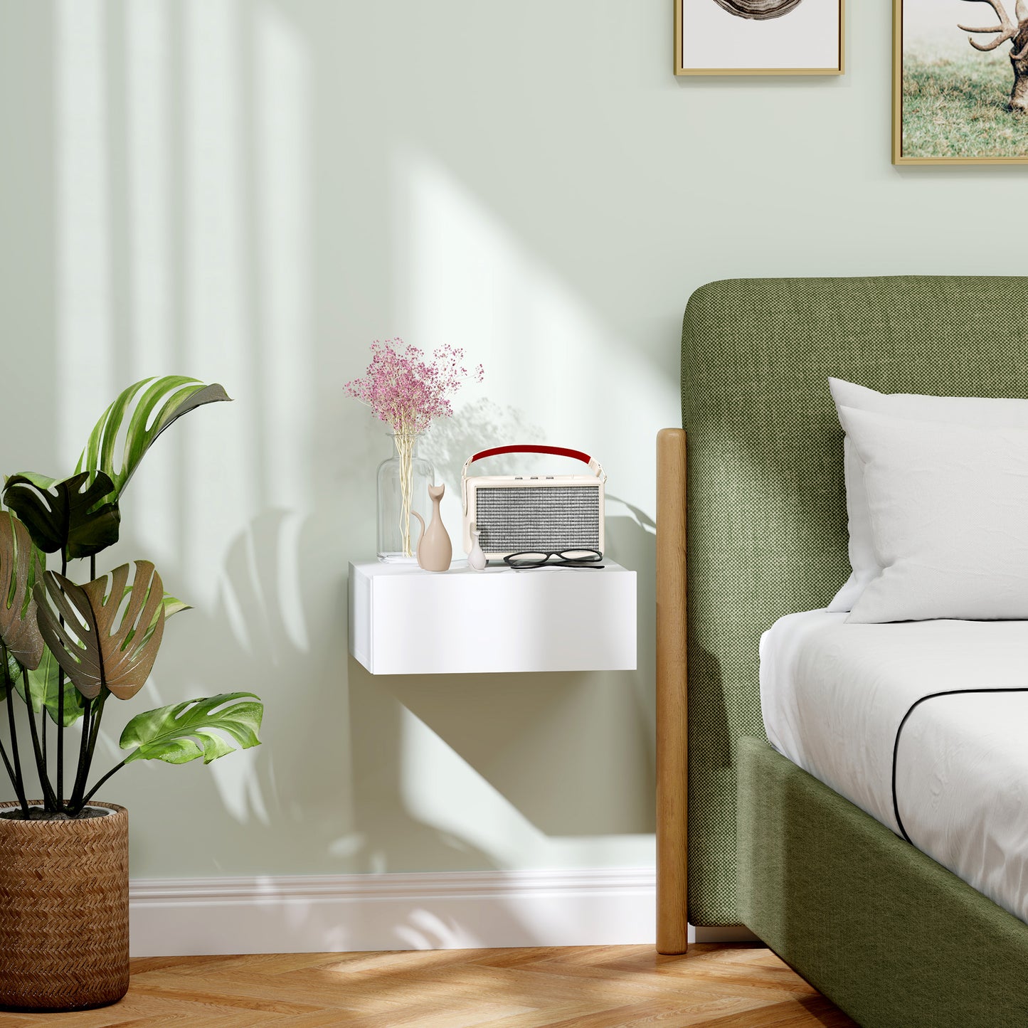 Floating Bedside Table, Wall-Mounted Side Table for Bedroom, White