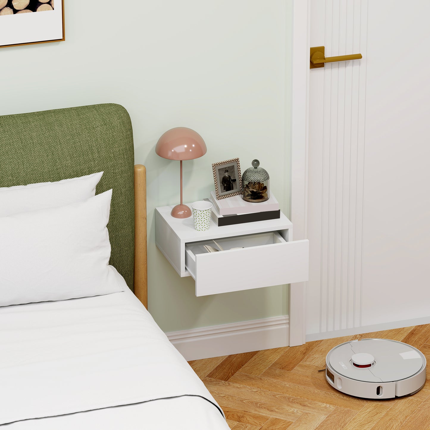 Floating Bedside Table, Wall-Mounted Side Table for Bedroom, White