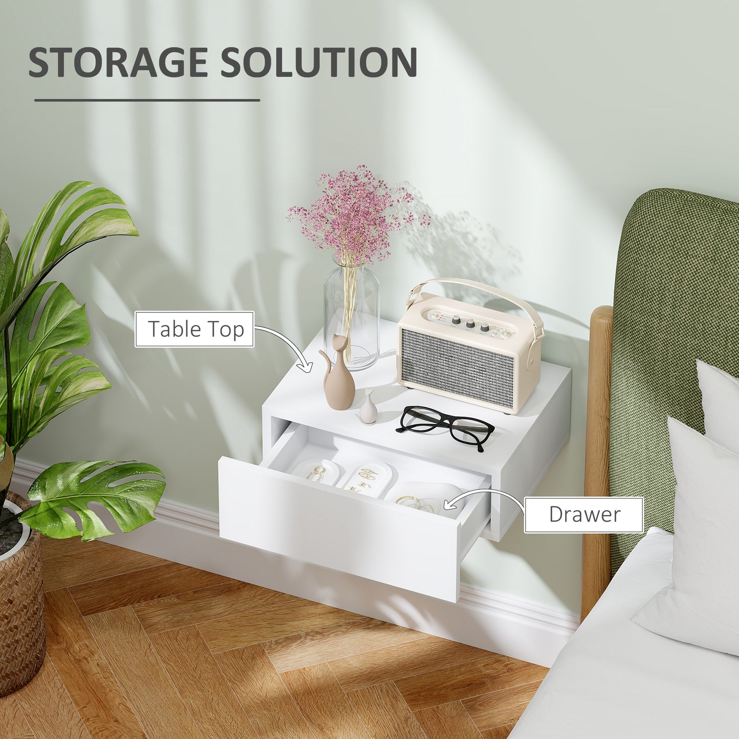 Floating Bedside Table, Wall-Mounted Side Table for Bedroom, White