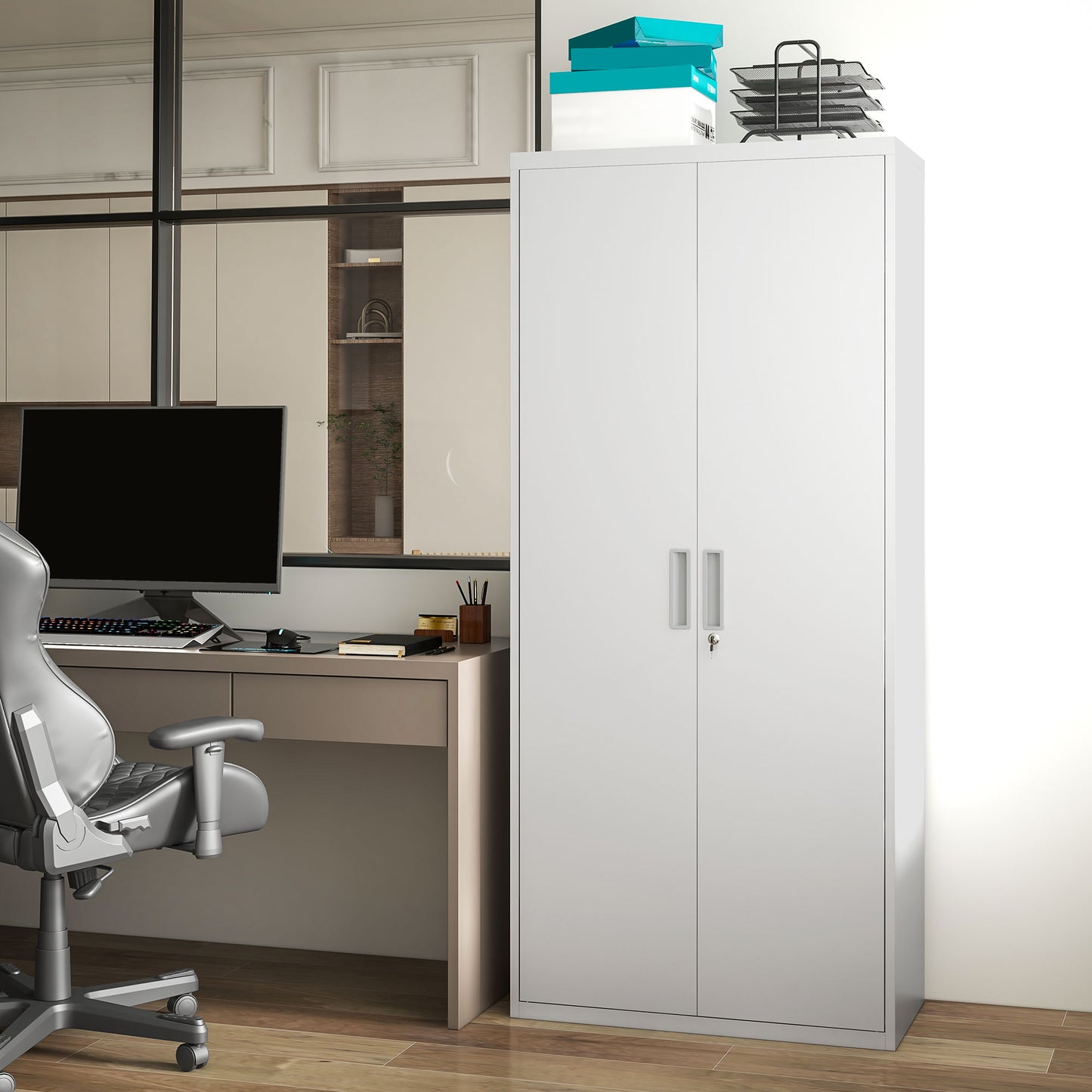Lockable Metal Cabinet with 2 Doors, File Cabinet for Home Office, White