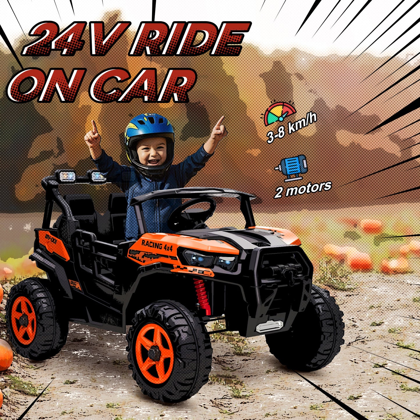 24V Electric Ride on Car, 2-Seater Kids Electric Truck, Orange