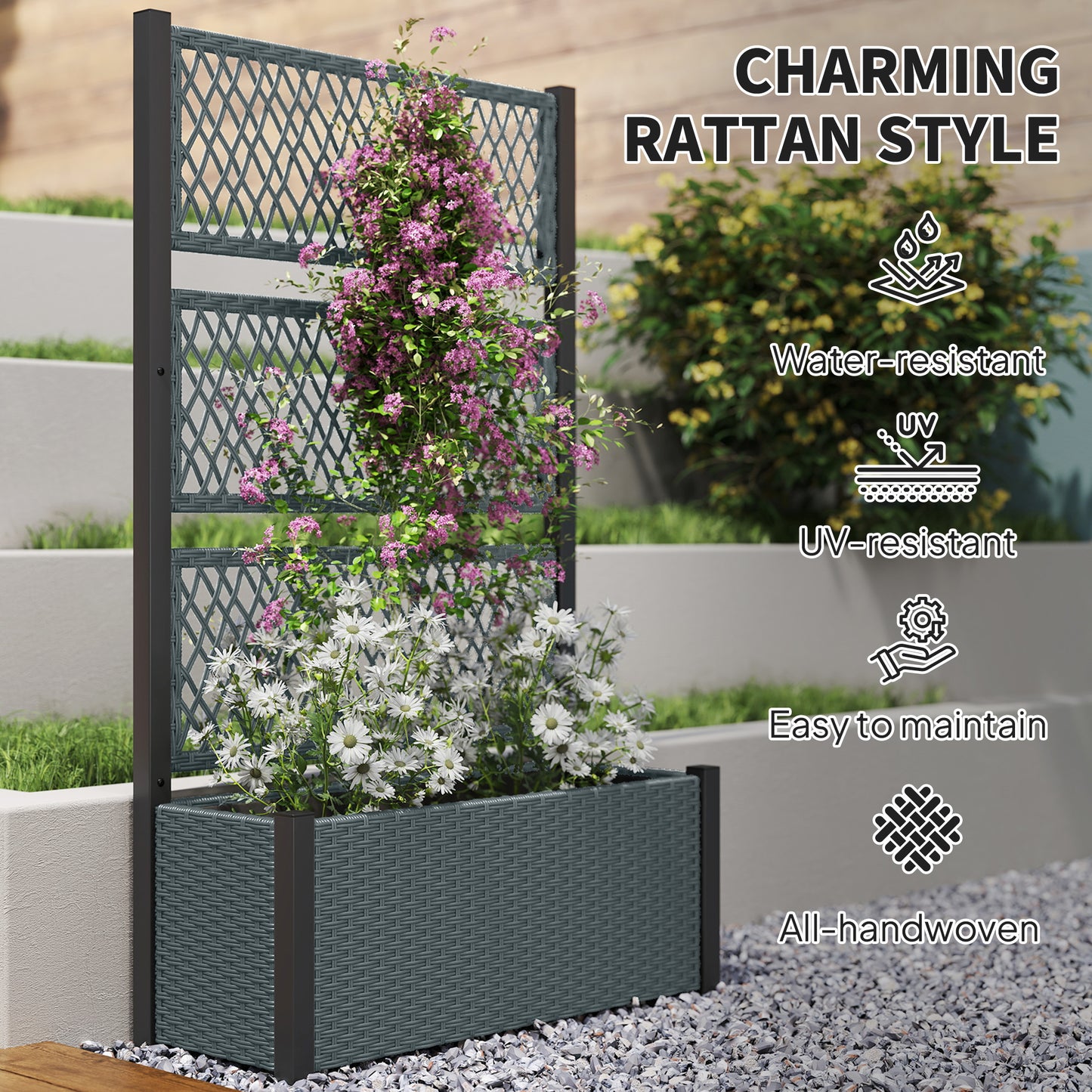 Garden Planter Box with Trellis, Rattan Raised Bed, Charcoal Grey