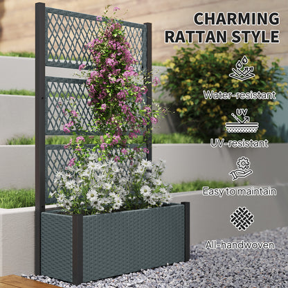 Garden Planter Box with Trellis, Rattan Raised Bed, Charcoal Grey