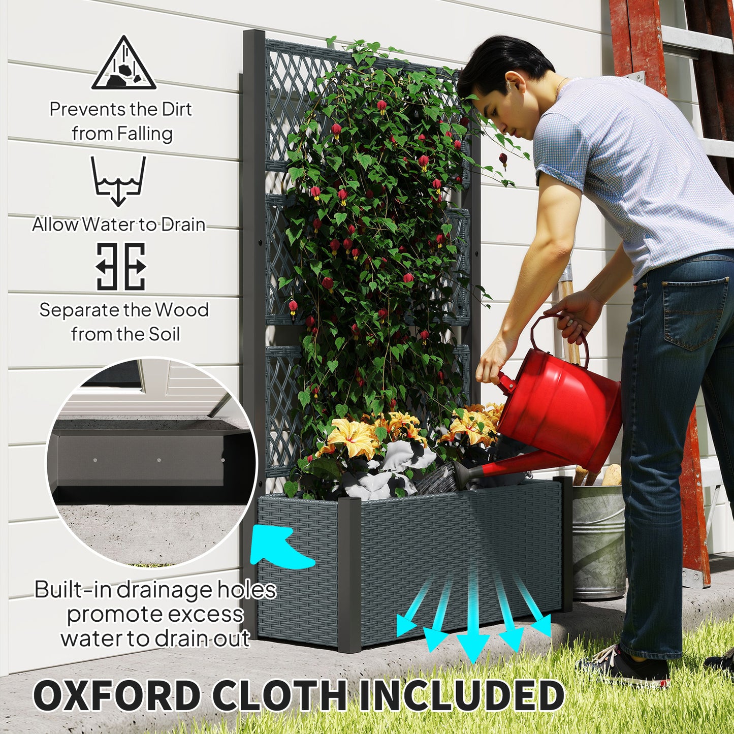 Garden Planter Box with Trellis, Rattan Raised Bed, Charcoal Grey