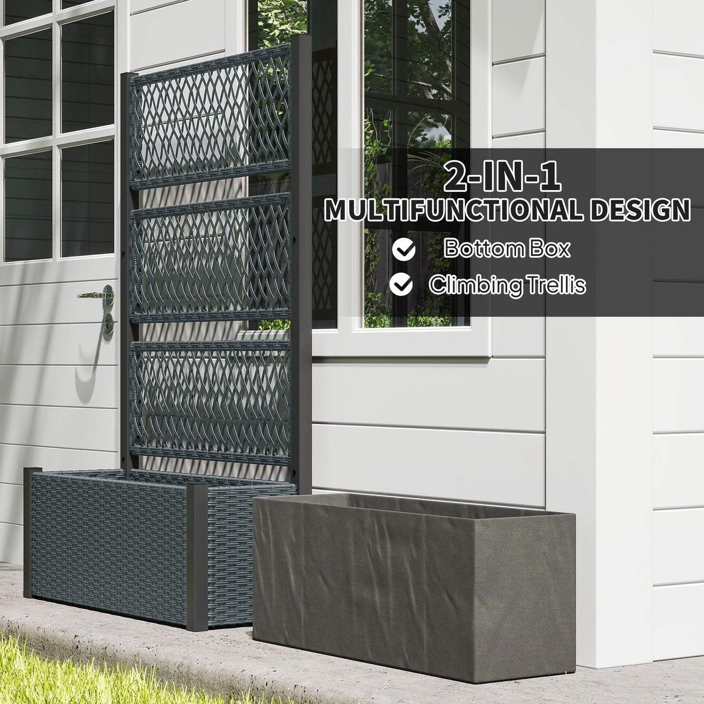 Garden Planter Box with Trellis, Rattan Raised Bed, Charcoal Grey