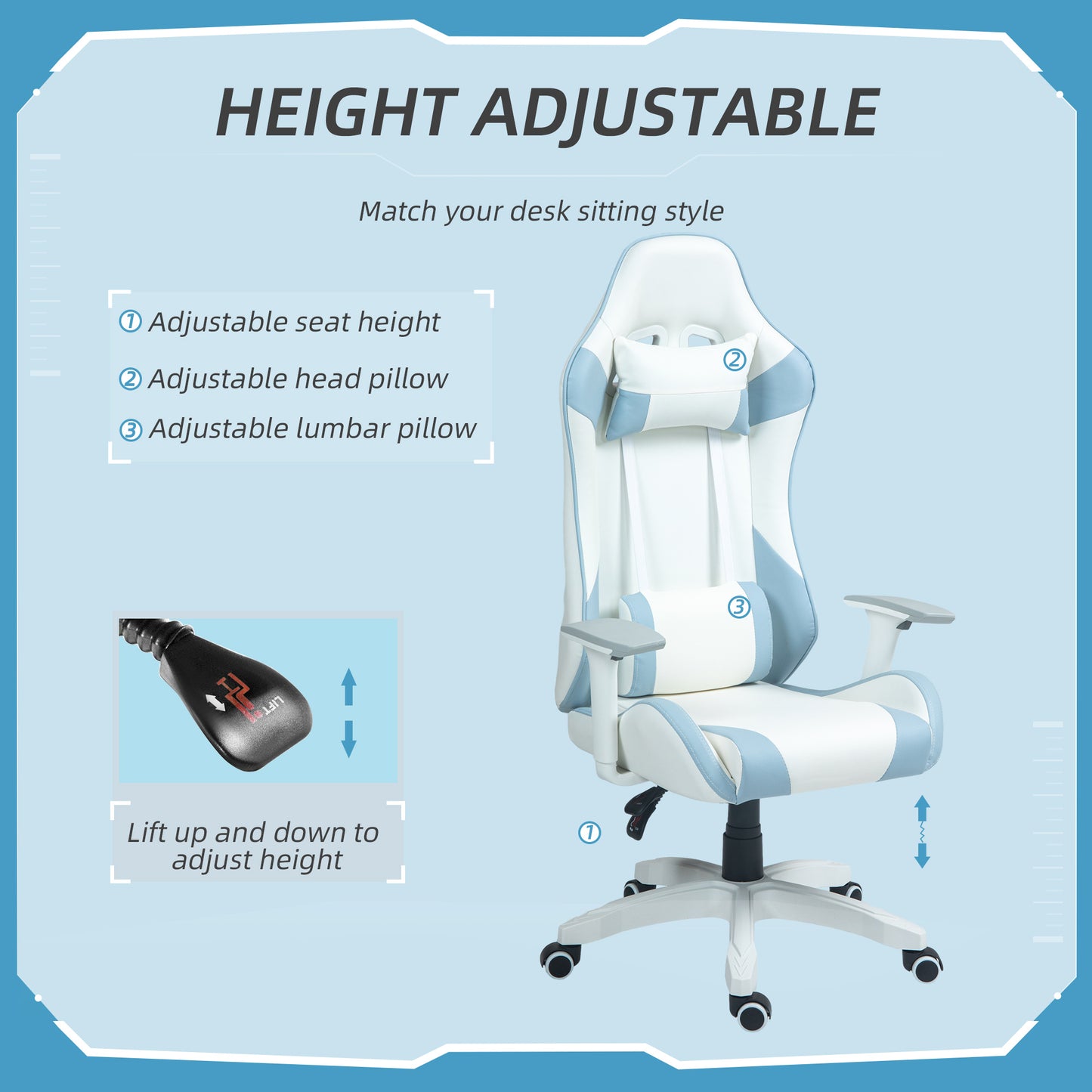 Gaming Chair for Adults Faux Leather Computer Chair w/ 3D Armrests Blue