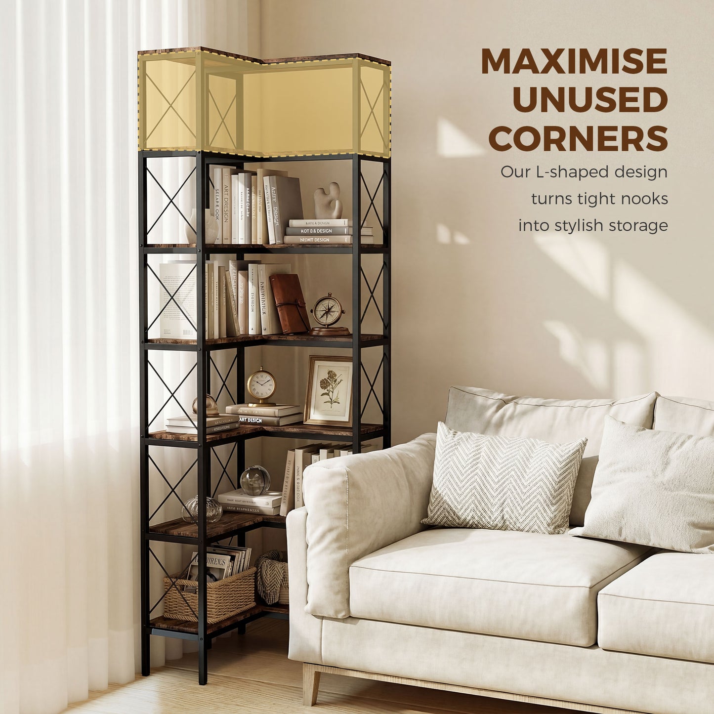 6-Tier Corner Bookshelf, L-Shaped Bookcase, Freestanding Display Shelf with Metal Frame for Living Room, Home Office, Bedroom, 60 x 60 x 200 cm, Rustic Brown