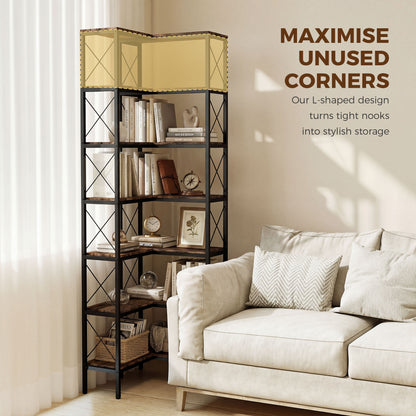 6-Tier Corner Bookshelf, L-Shaped Bookcase, Freestanding Display Shelf with Metal Frame for Living Room, Home Office, Bedroom, 60 x 60 x 200 cm, Rustic Brown
