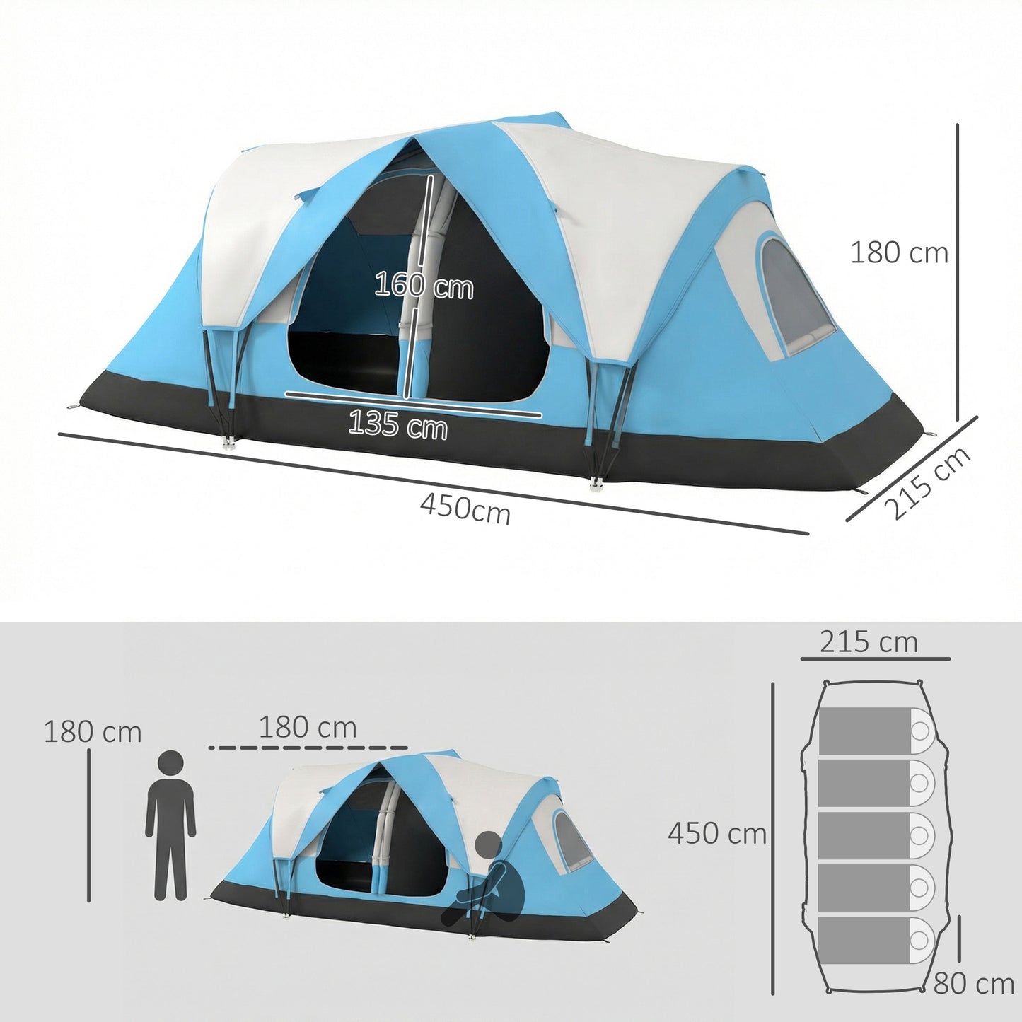 2 Room Camping Tent with Waterproof Rainfly & Screen Panels, Blue