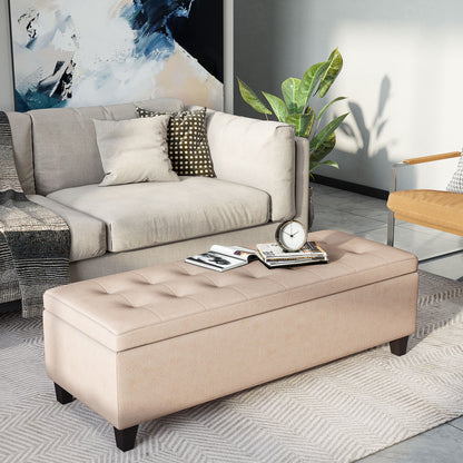 Storage Ottoman Bench Padded w/ Tufting Hinged Lid Wood Frame Beige