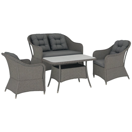 4 PCS Rattan Garden Furniture, Padded Cushions Conversation Sofa Set