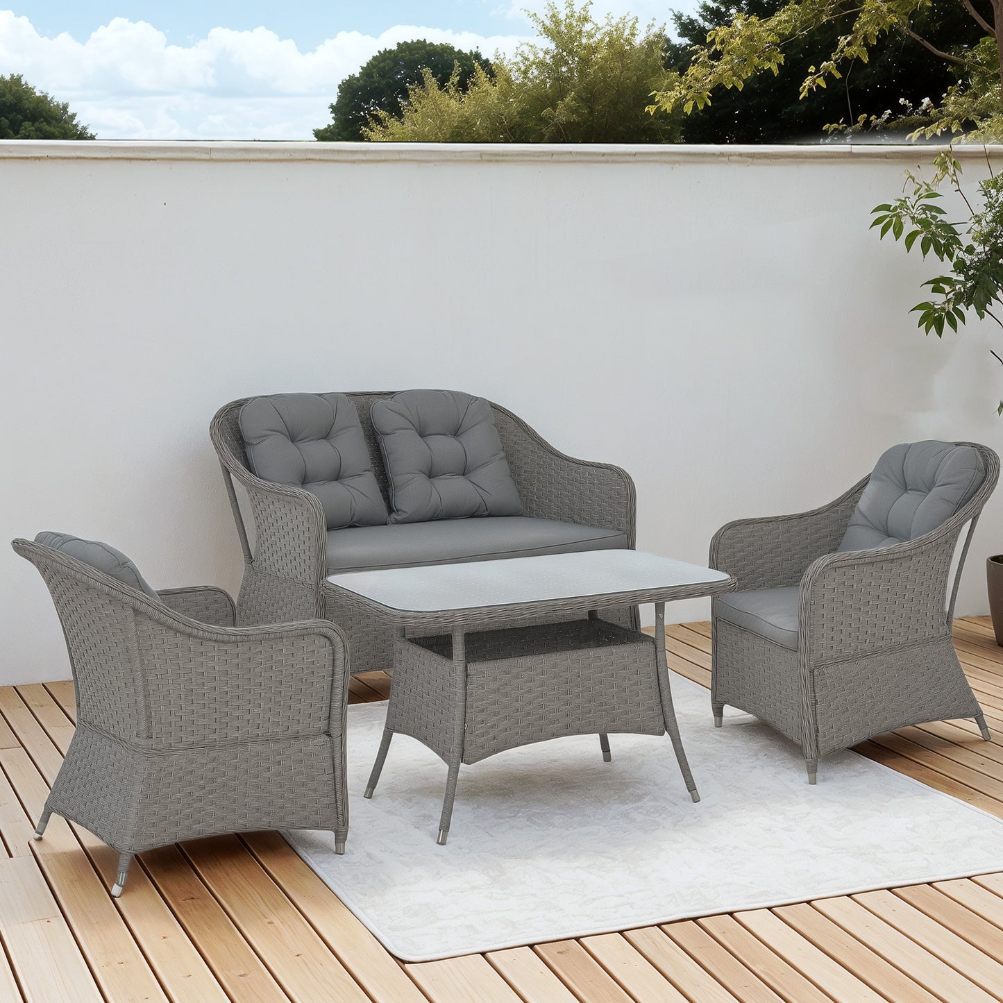 4 PCS Rattan Garden Furniture, Padded Cushions Conversation Sofa Set