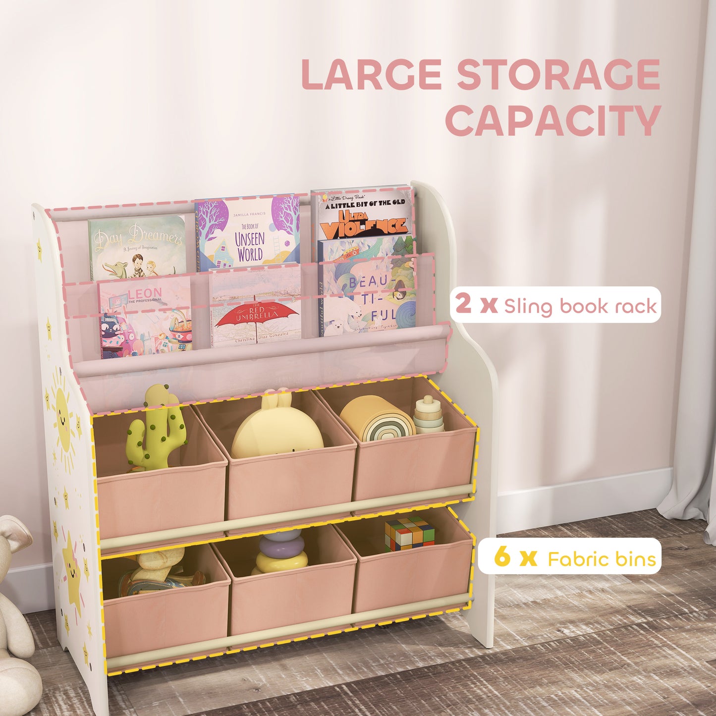 Kids Storage Unit with 6 Fabric Drawers & 2-Tier Sling Rack, Pink