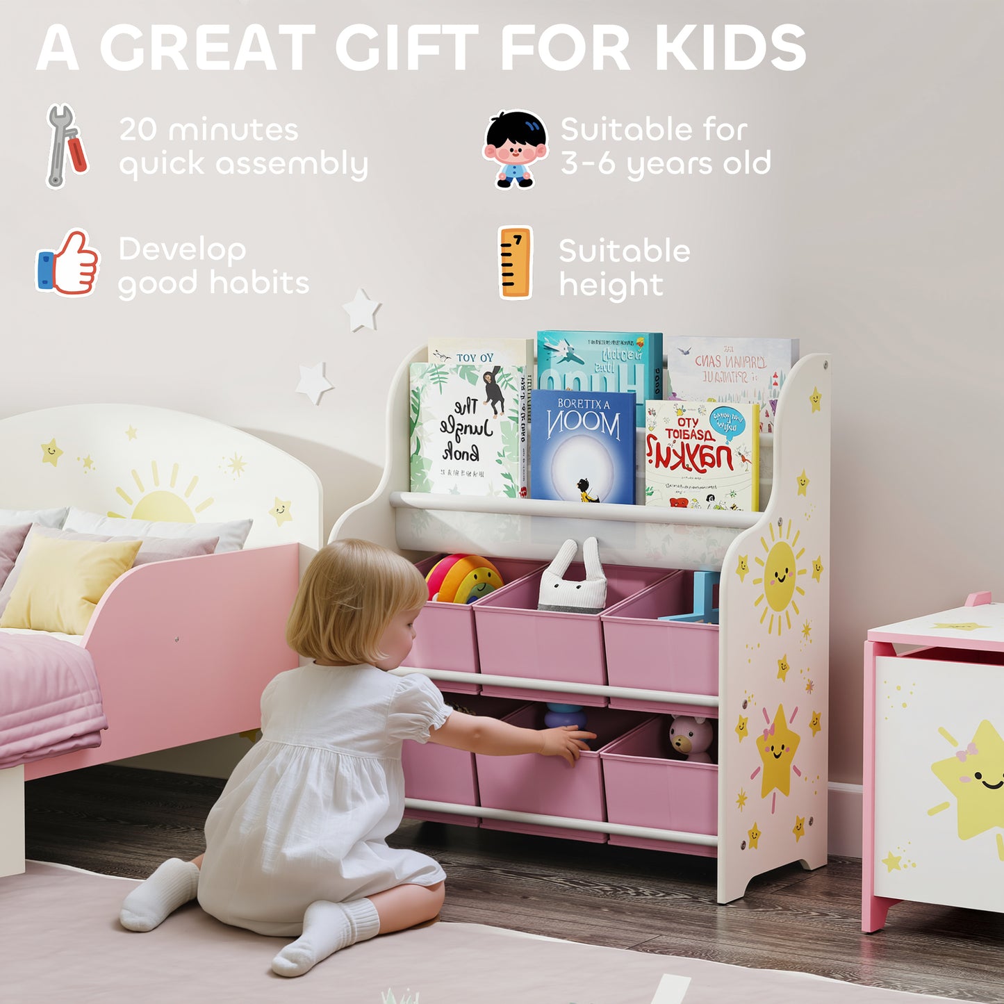 Kids Storage Unit with 6 Fabric Drawers & 2-Tier Sling Rack, Pink