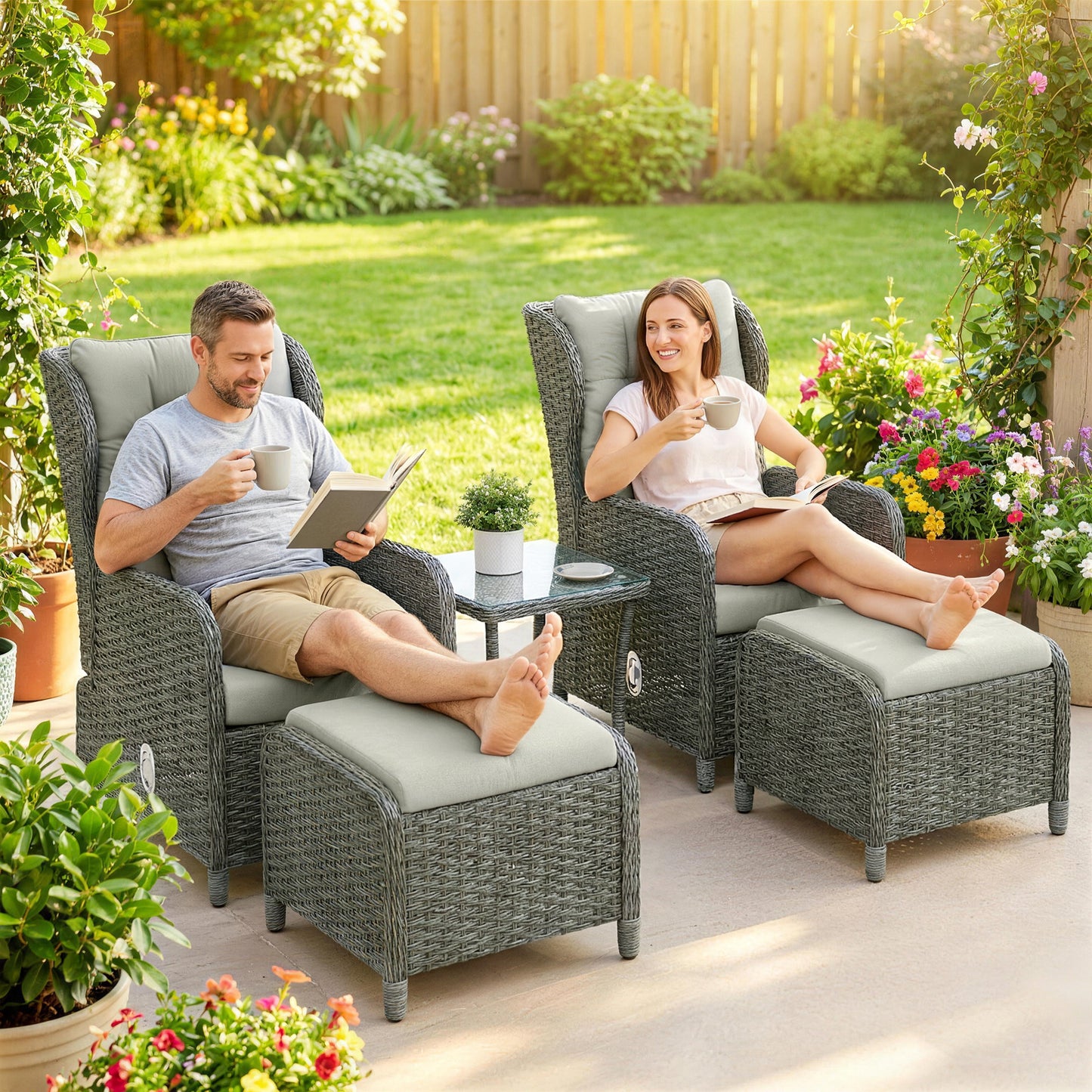 5 Piece Garden Furniture Set, Rattan Reclining Garden Chair Set of 2 with Footstool and Cushion  Cream