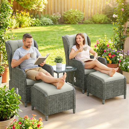 5 Piece Garden Furniture Set, Rattan Reclining Garden Chair Set of 2 with Footstool and Cushion  Cream