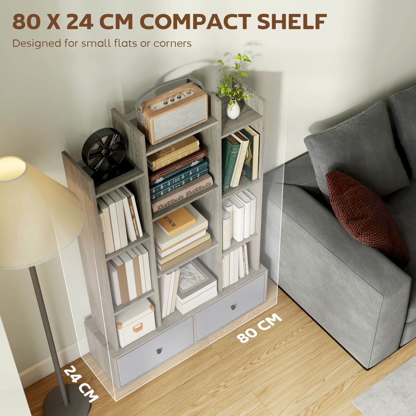 12-Tier Bookshelf, Bookcase w/ 2 Folding Drawer, Graphite Wood Effect
