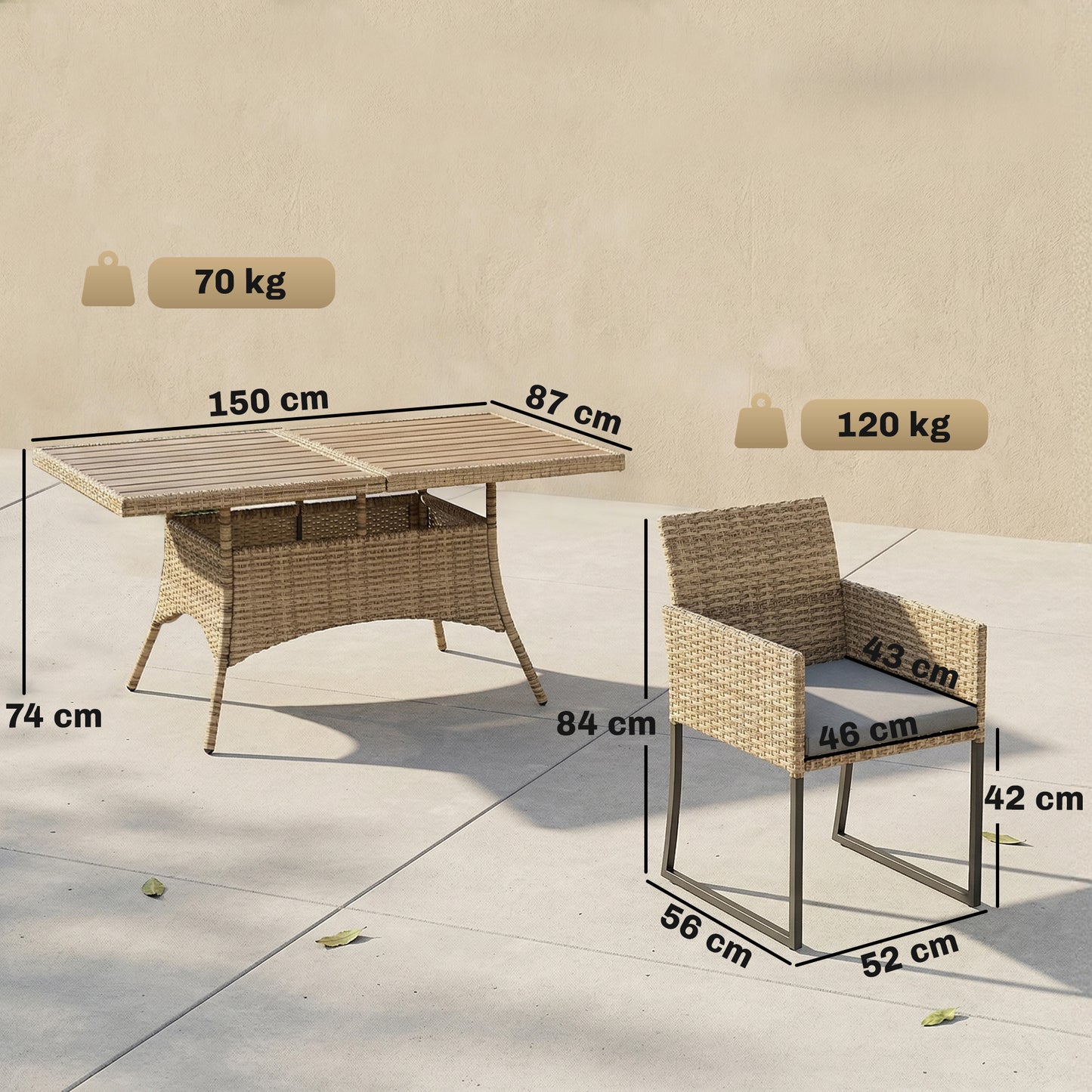 7 Piece Rattan Garden Furniture Set, Garden Dining Set with Wood-Plastic Table and 6 Stackable Chairs, Light Brown