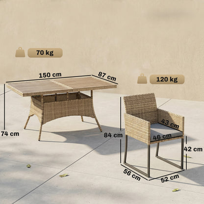 7 Piece Rattan Garden Furniture Set, Garden Dining Set with Wood-Plastic Table and 6 Stackable Chairs, Light Brown