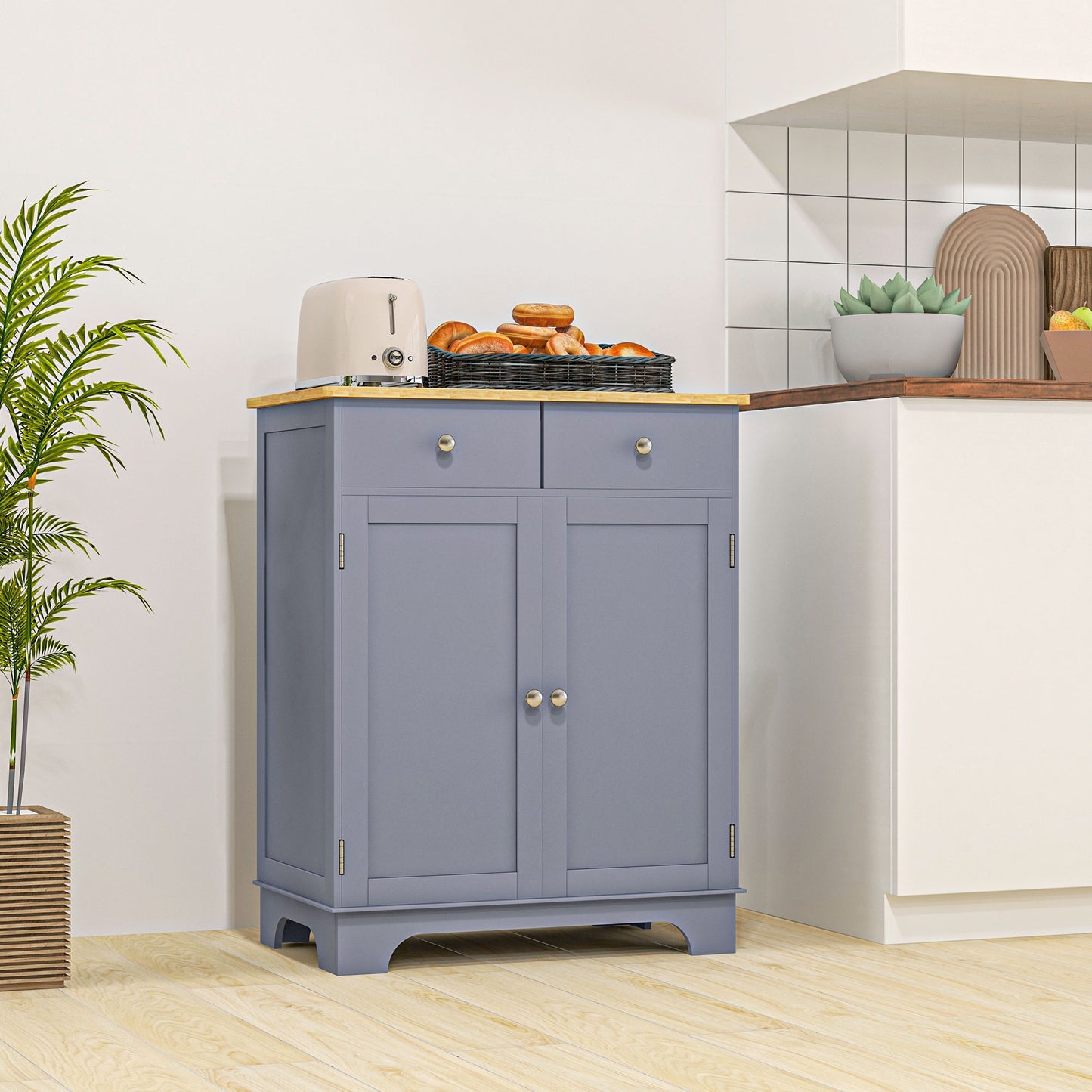 Kitchen Floor Cabinet Side Storage Cupboard Multi-Use Sideboard Table with Solid Wood Top, Adjustable Shelf, Drawer for Dining Room, Living Room, Hallway, Grey