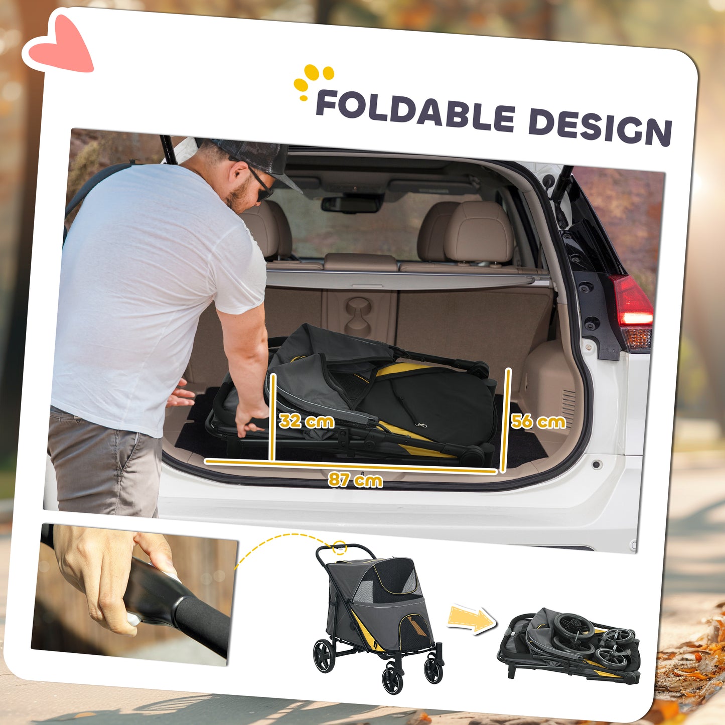 Foldable Dog Carriage w/ Universal Wheels, Shock Absorber - Grey