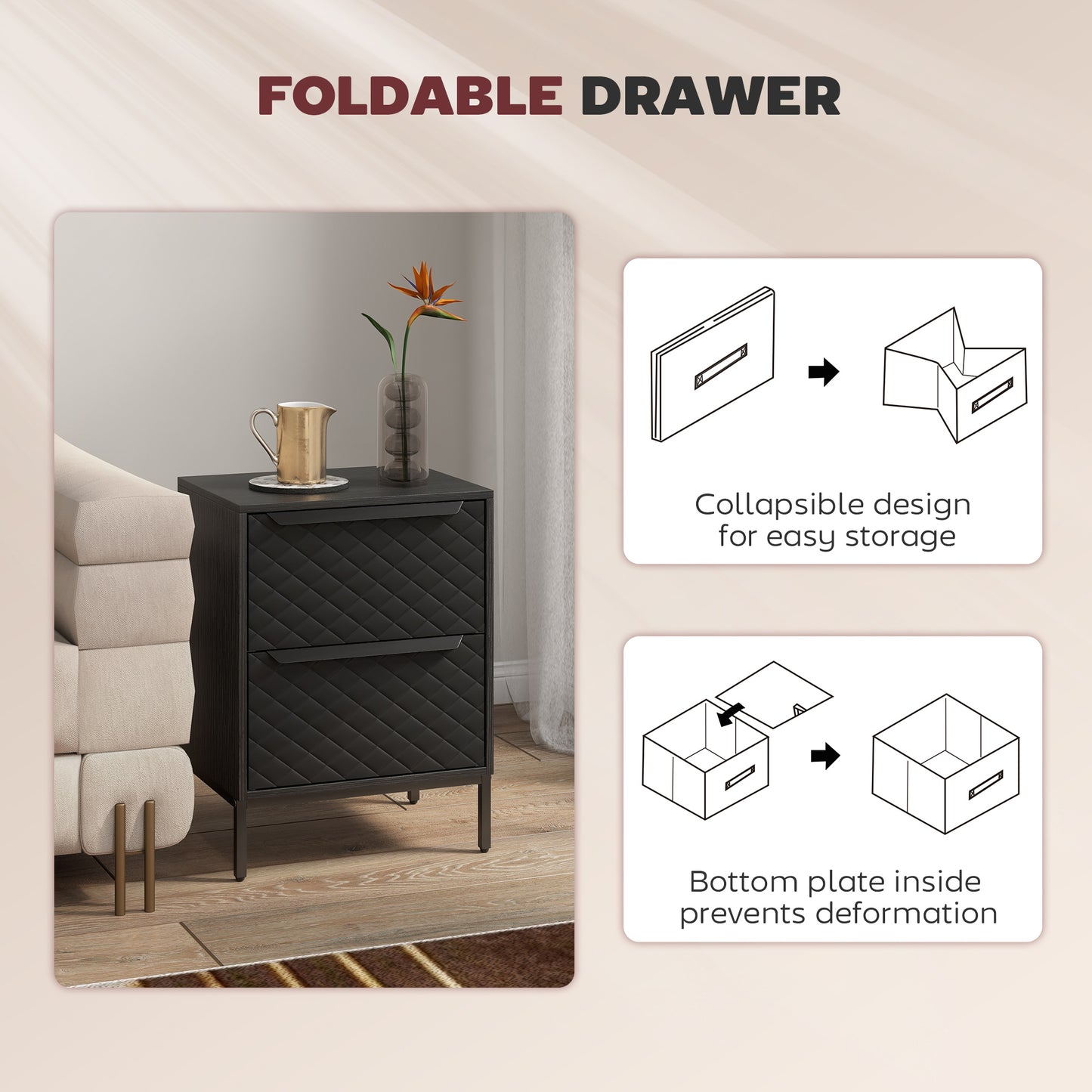 Chest of Drawers, 2 Fabric Drawer Dresser, Aluminium Handles, Black