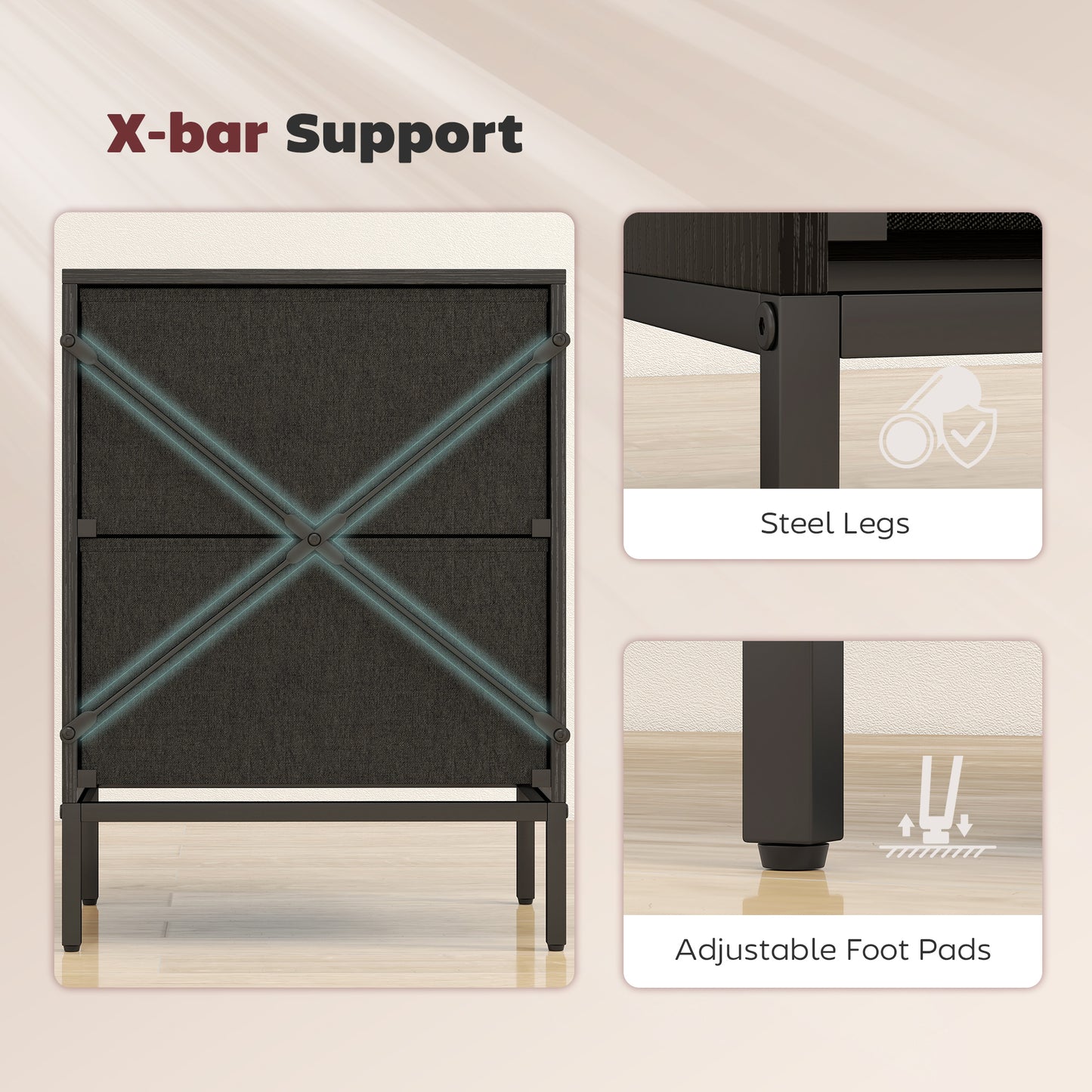 Chest of Drawers, 2 Fabric Drawer Dresser, Aluminium Handles, Black