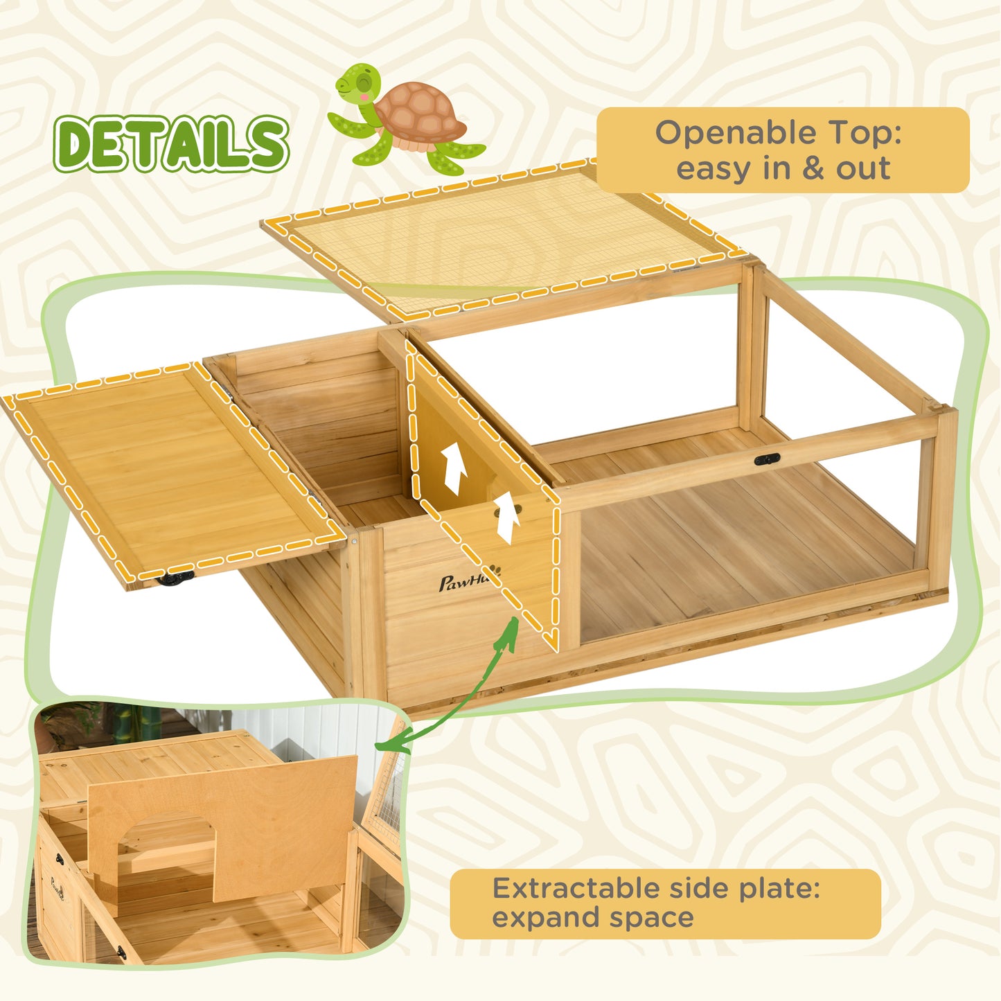 Tortoise House w/ Mesh Roof, Small Pet Reptile Wooden House - Yellow