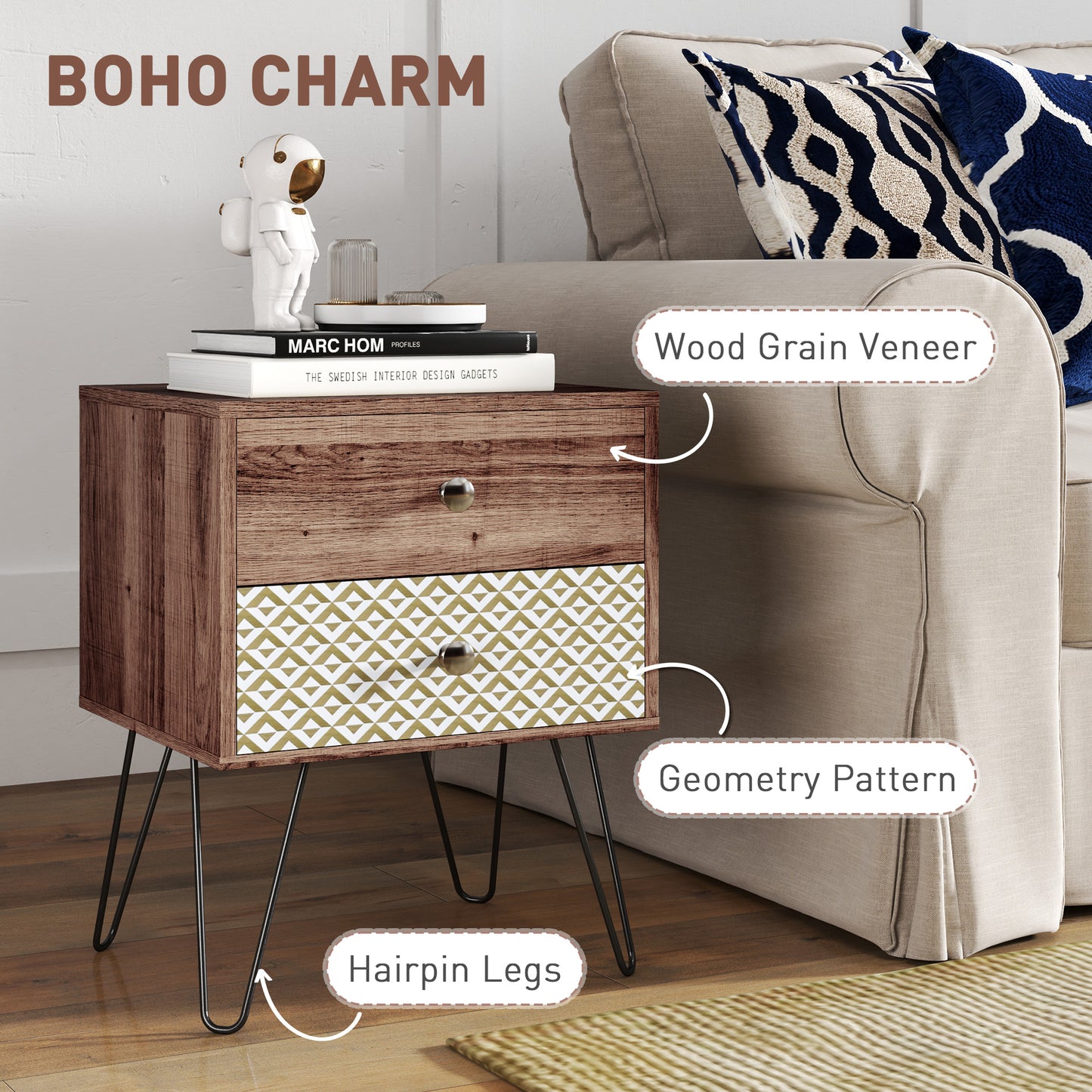2-Drawer Nightstand, Sofa Bedside Table for Living Room, Bedroom