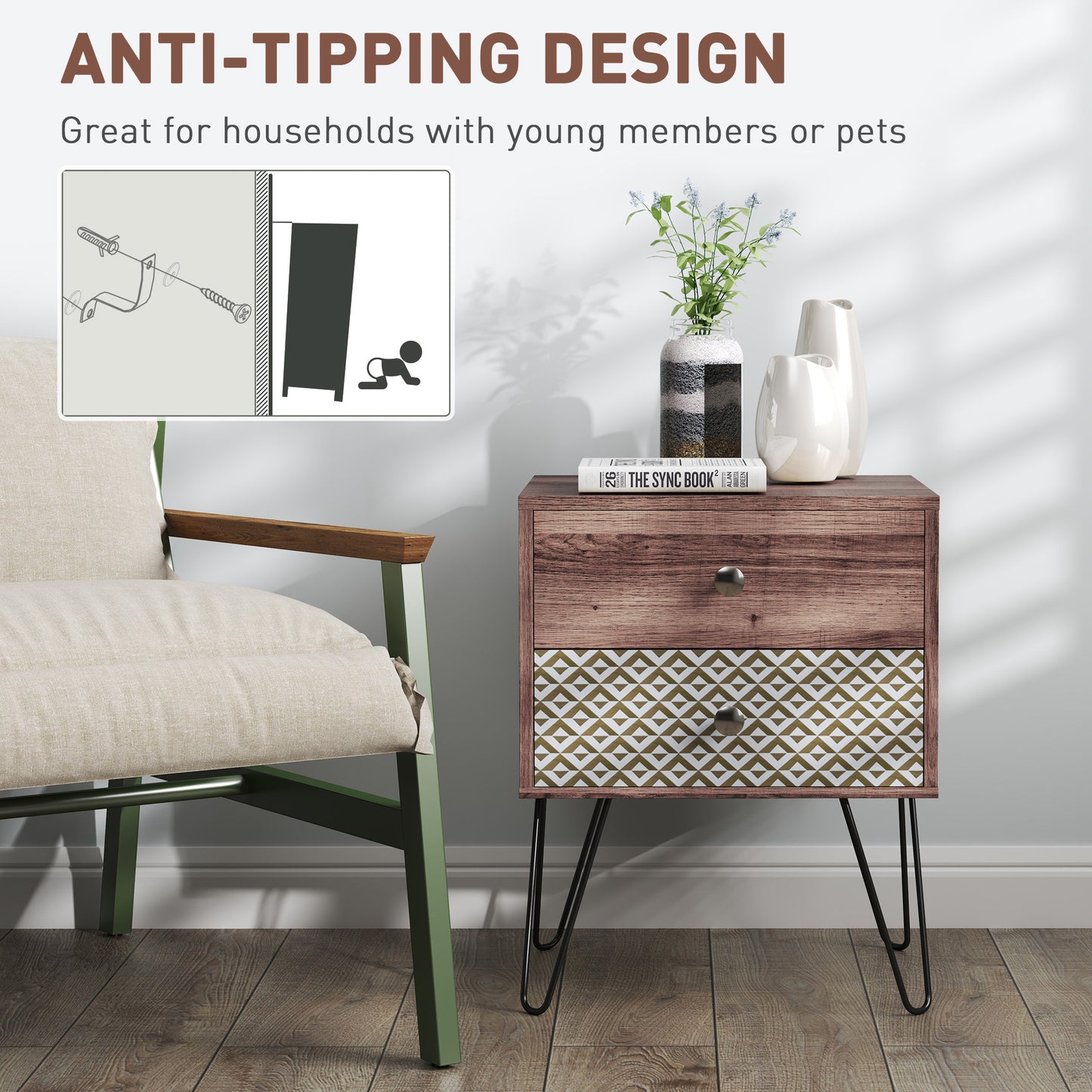 2-Drawer Nightstand, Sofa Bedside Table for Living Room, Bedroom