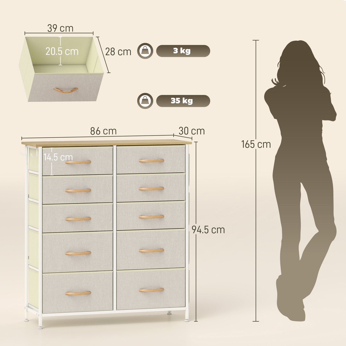 Fabric Chest of Drawers, 10 Drawer Dresser for Bedroom, Beige