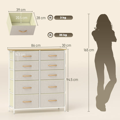 Fabric Chest of Drawers, 10 Drawer Dresser for Bedroom, Beige