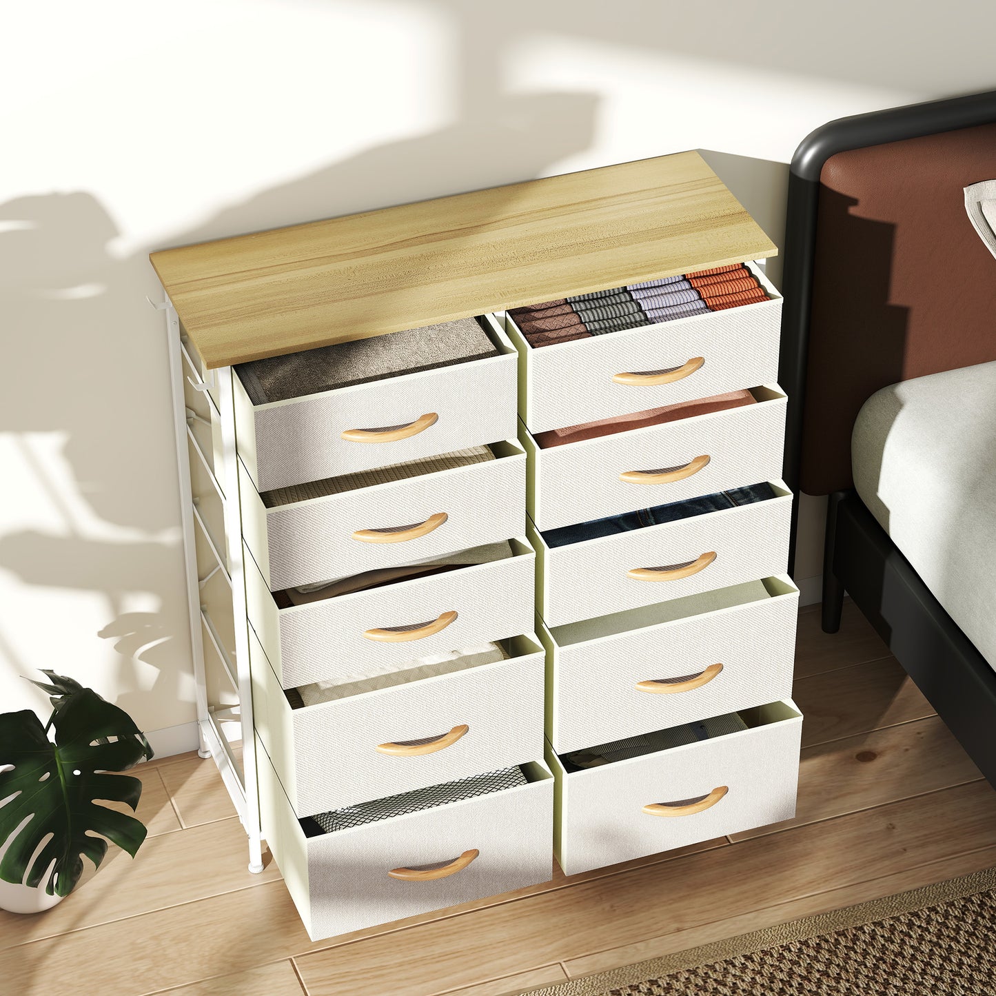 Fabric Chest of Drawers, 10 Drawer Dresser for Bedroom, Beige