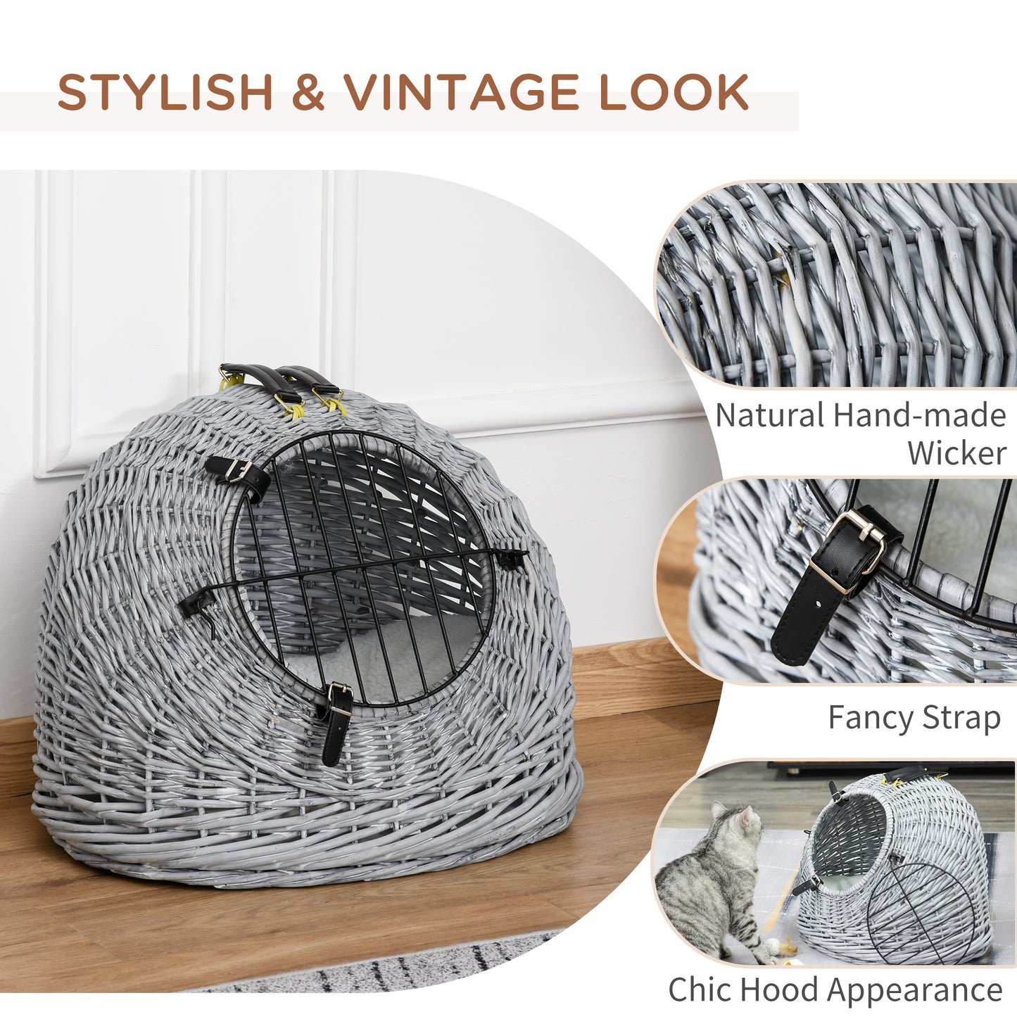 Cats Wicker Travel Carrier Basket w/ Plush Cushion Grey