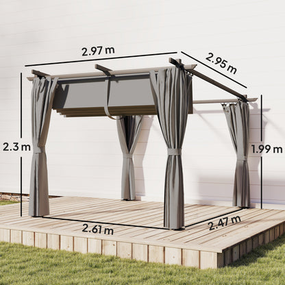 3 x 3(m) Metal Pergola with Retractable Roof and Sidewalls, Light Grey