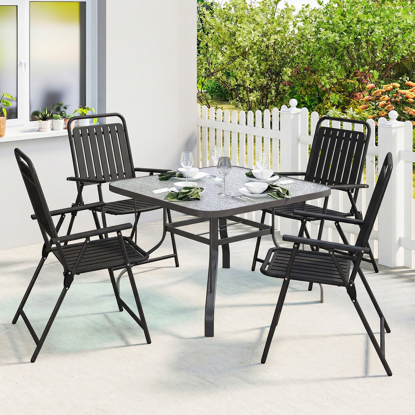 Folding Garden Chairs Set of 4 with Plastic Seat and Back, Black